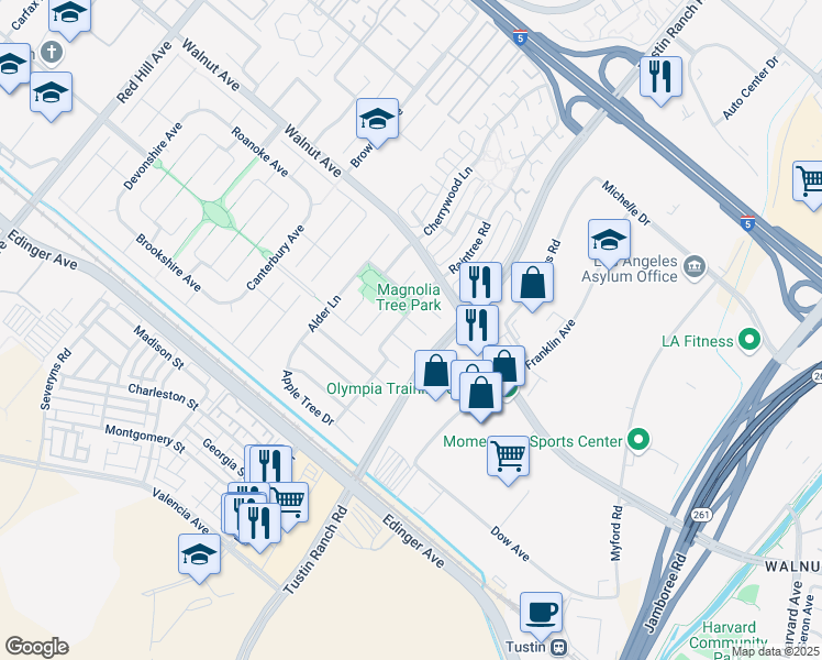 map of restaurants, bars, coffee shops, grocery stores, and more near 2321 Basswood Circle in Tustin