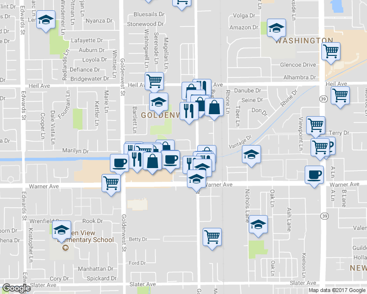 map of restaurants, bars, coffee shops, grocery stores, and more near 7252 La Mancha Circle in Huntington Beach