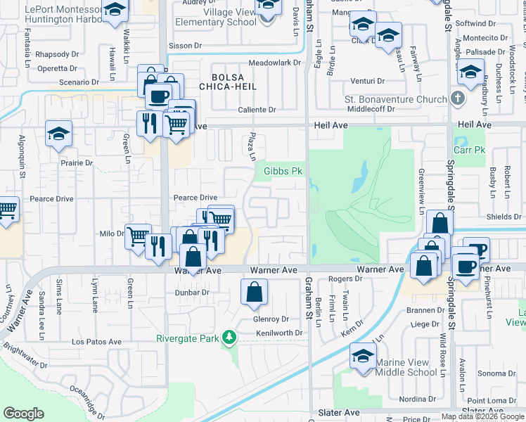 map of restaurants, bars, coffee shops, grocery stores, and more near 16812 Barclay Lane in Huntington Beach