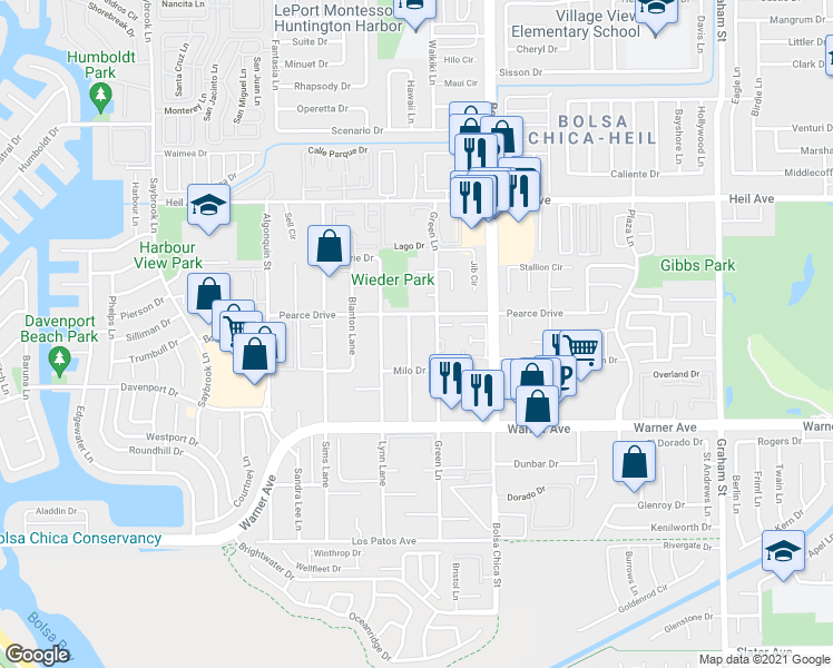 map of restaurants, bars, coffee shops, grocery stores, and more near 16761 Green Lane in Huntington Beach