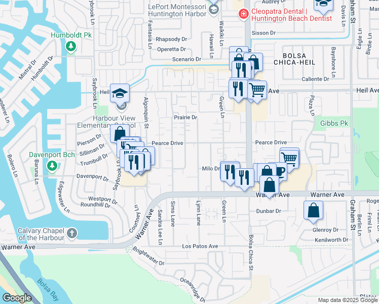 map of restaurants, bars, coffee shops, grocery stores, and more near 16761 Blanton Lane in Huntington Beach