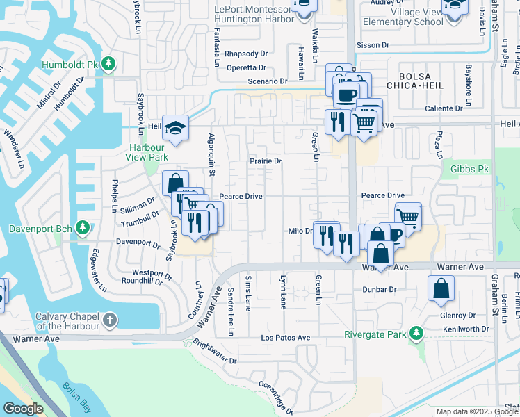 map of restaurants, bars, coffee shops, grocery stores, and more near 16761 Blanton Lane in Huntington Beach