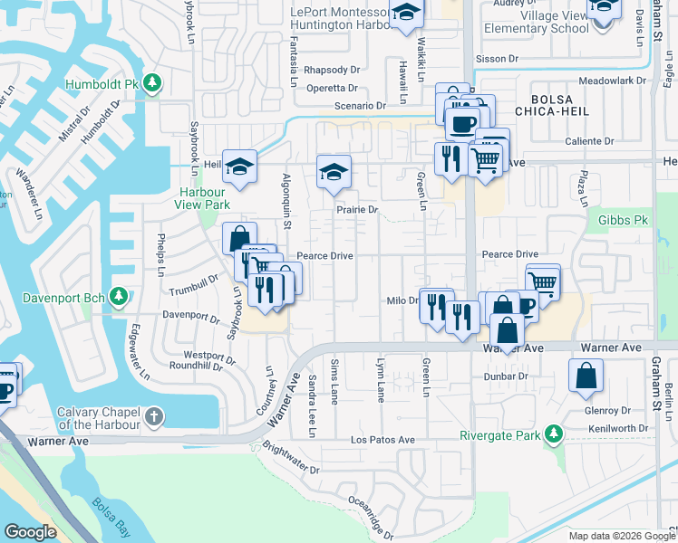 map of restaurants, bars, coffee shops, grocery stores, and more near 16772 Sims Lane in Huntington Beach