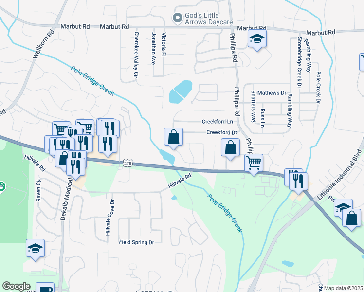 map of restaurants, bars, coffee shops, grocery stores, and more near 2261 Wellington Circle in Lithonia