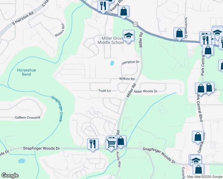 map of restaurants, bars, coffee shops, grocery stores, and more near 4982 Truitt Lane in Decatur