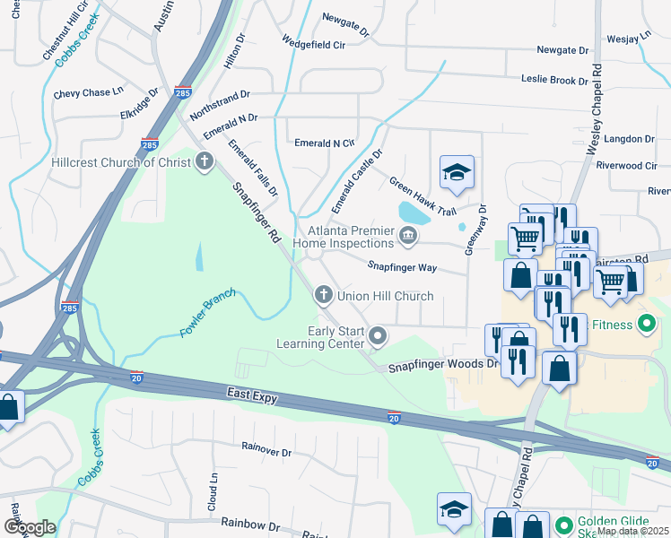 map of restaurants, bars, coffee shops, grocery stores, and more near 2390 Tiffany Place in Decatur