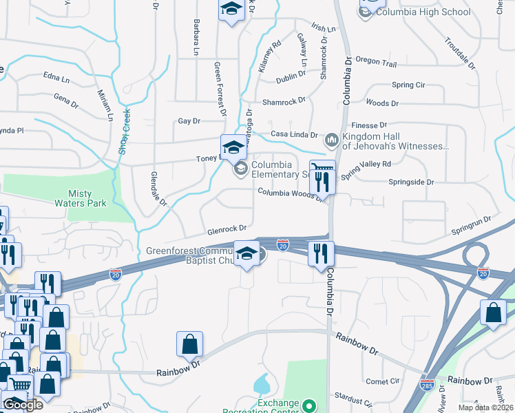 map of restaurants, bars, coffee shops, grocery stores, and more near 2394 Glenrock Drive in Decatur