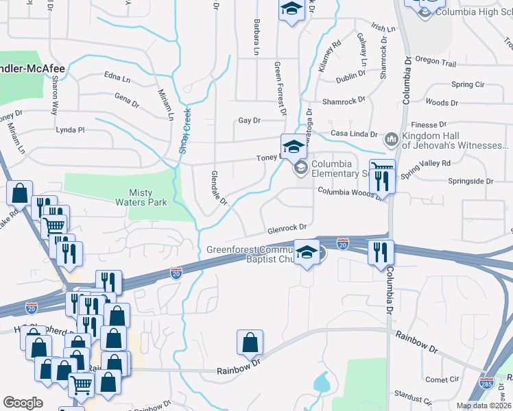 map of restaurants, bars, coffee shops, grocery stores, and more near 3152 Columbia Woods Drive in Decatur