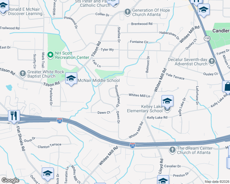 map of restaurants, bars, coffee shops, grocery stores, and more near 2406 Summerland Drive in Decatur