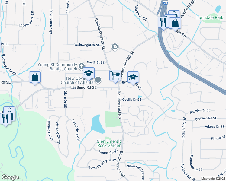 map of restaurants, bars, coffee shops, grocery stores, and more near 1645 Eastland Road Southeast in Atlanta