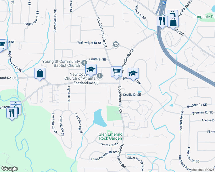map of restaurants, bars, coffee shops, grocery stores, and more near 1645 Eastland Road Southeast in Atlanta