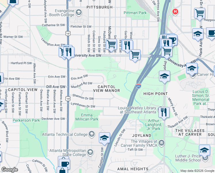 map of restaurants, bars, coffee shops, grocery stores, and more near 453 Hillside Drive Southwest in Atlanta