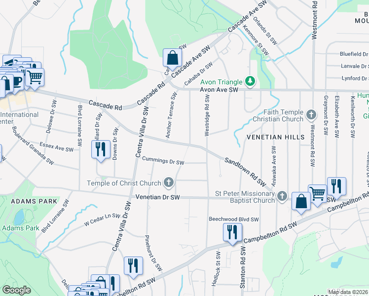 map of restaurants, bars, coffee shops, grocery stores, and more near 1301 Cahaba Drive Southwest in Atlanta