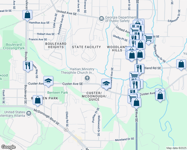 map of restaurants, bars, coffee shops, grocery stores, and more near 957 Sloan Circle Southeast in Atlanta