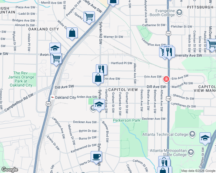 map of restaurants, bars, coffee shops, grocery stores, and more near Hartford Avenue Southwest in Atlanta