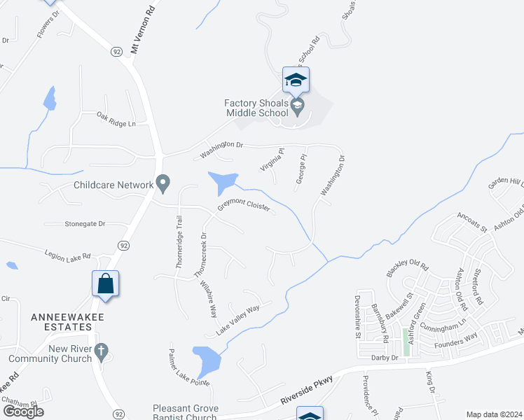 map of restaurants, bars, coffee shops, grocery stores, and more near 3062 Greymont Cloister in Douglasville