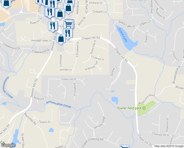 map of restaurants, bars, coffee shops, grocery stores, and more near 3100 Pine Bark Court in Douglasville