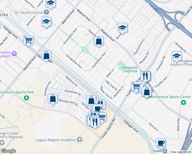 map of restaurants, bars, coffee shops, grocery stores, and more near 14861 Foxcroft Road in Tustin