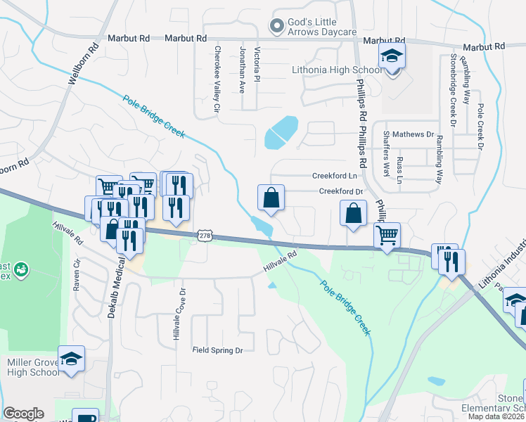 map of restaurants, bars, coffee shops, grocery stores, and more near 2220 Wellington Circle in Lithonia