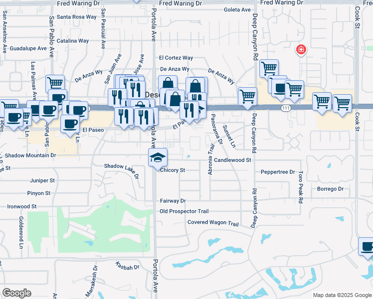map of restaurants, bars, coffee shops, grocery stores, and more near 45496 Garden Square in Palm Desert