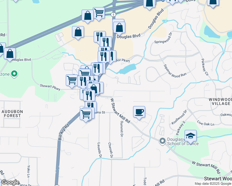 map of restaurants, bars, coffee shops, grocery stores, and more near 5703 Woodland Drive in Douglasville