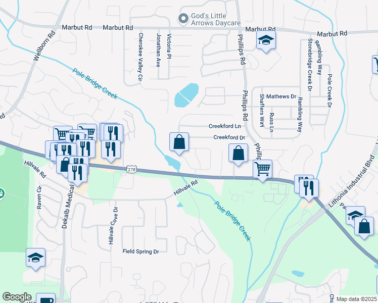 map of restaurants, bars, coffee shops, grocery stores, and more near 2261 Wellington Circle in Lithonia