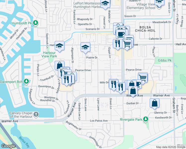 map of restaurants, bars, coffee shops, grocery stores, and more near 16772 Blanton Lane in Huntington Beach