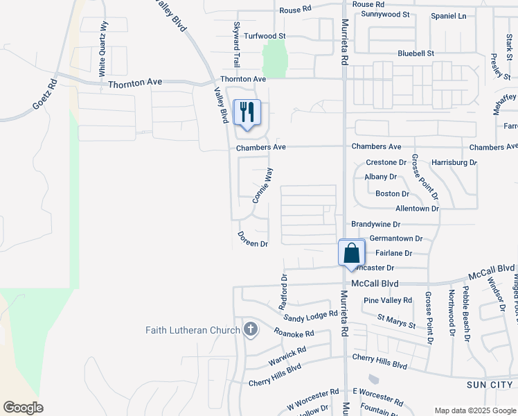 map of restaurants, bars, coffee shops, grocery stores, and more near 27750 Connie Way in Menifee