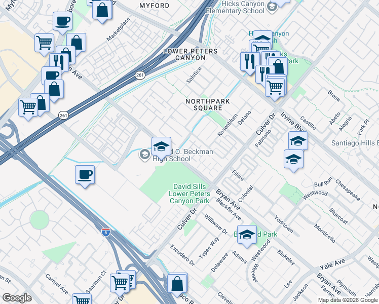 map of restaurants, bars, coffee shops, grocery stores, and more near 35 Taquitz in Irvine