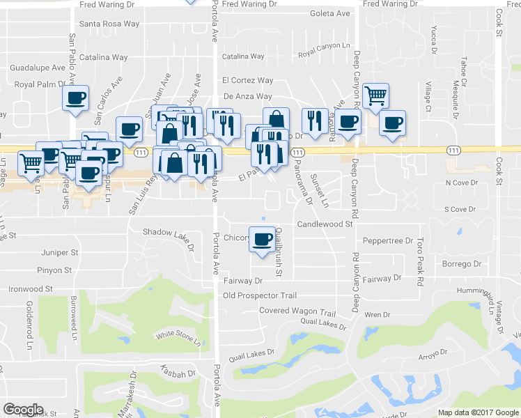 map of restaurants, bars, coffee shops, grocery stores, and more near 45496 Garden Square in Palm Desert