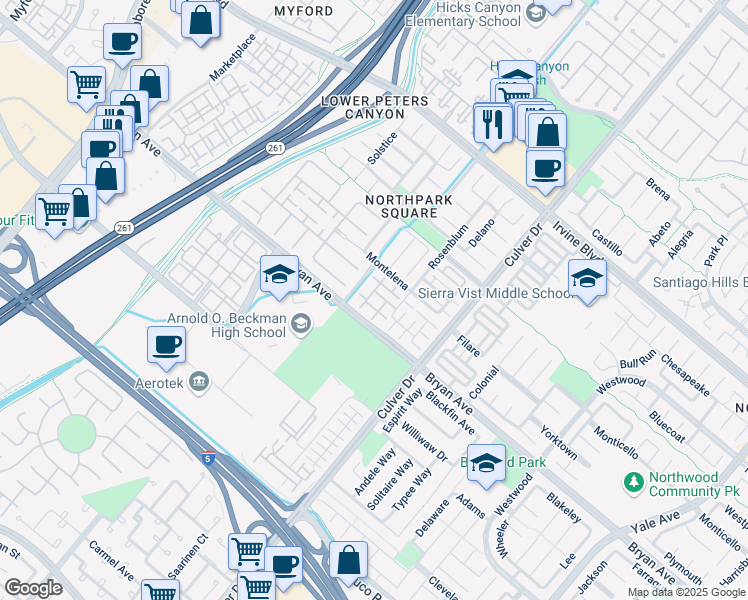 map of restaurants, bars, coffee shops, grocery stores, and more near 30 Taquitz in Irvine