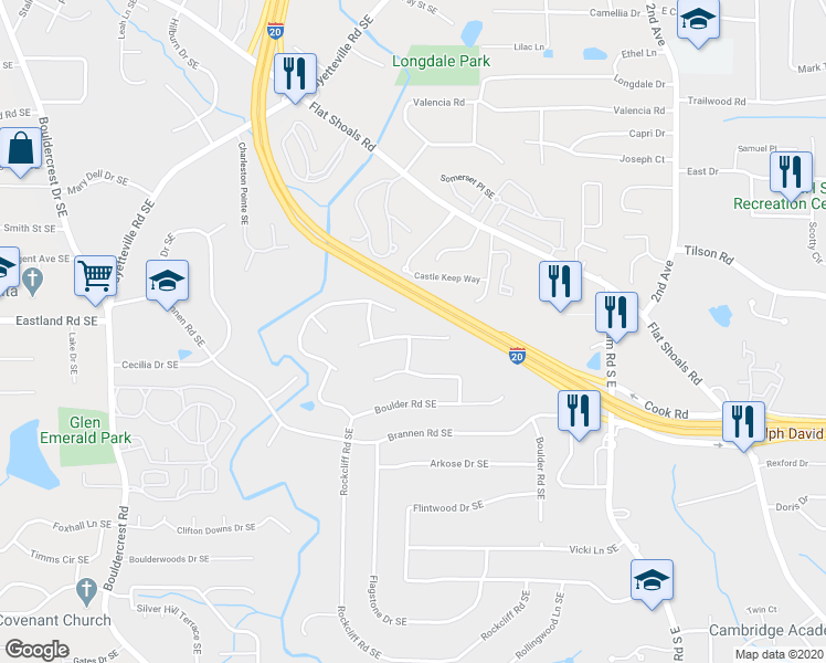 map of restaurants, bars, coffee shops, grocery stores, and more near 1784 Streamview Drive Southeast in Atlanta