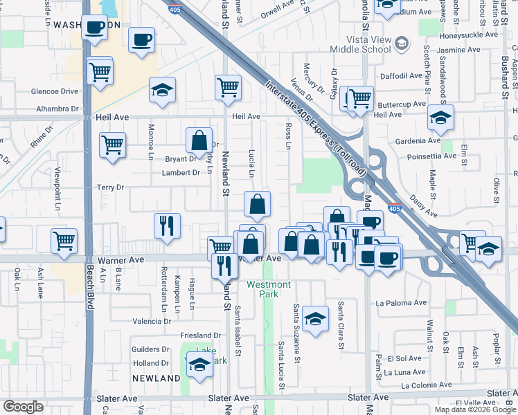 map of restaurants, bars, coffee shops, grocery stores, and more near 8661 Salem Circle in Huntington Beach