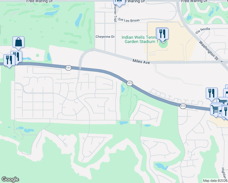 map of restaurants, bars, coffee shops, grocery stores, and more near 77449 Mallorca Lane in Indian Wells