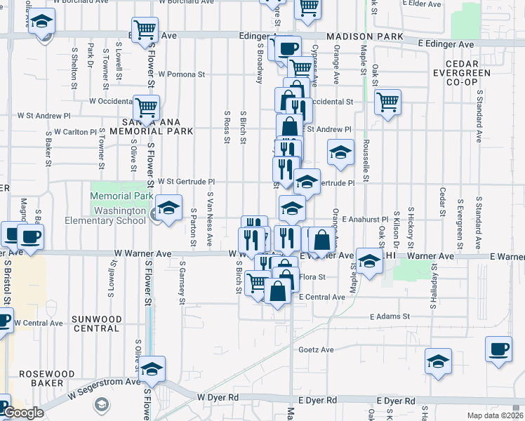 map of restaurants, bars, coffee shops, grocery stores, and more near 2199 South Broadway in Santa Ana