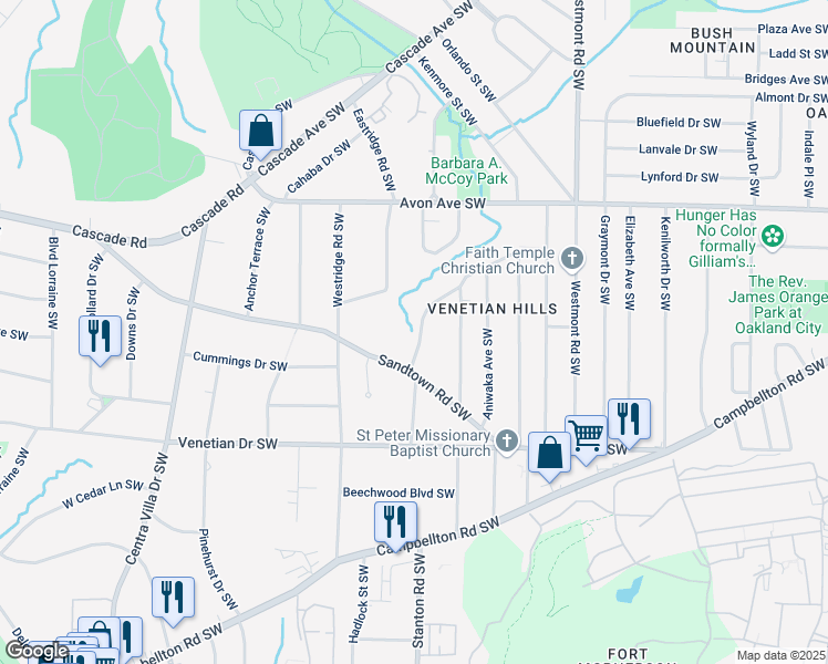 map of restaurants, bars, coffee shops, grocery stores, and more near 1369 Lockhaven Circle Southwest in Atlanta