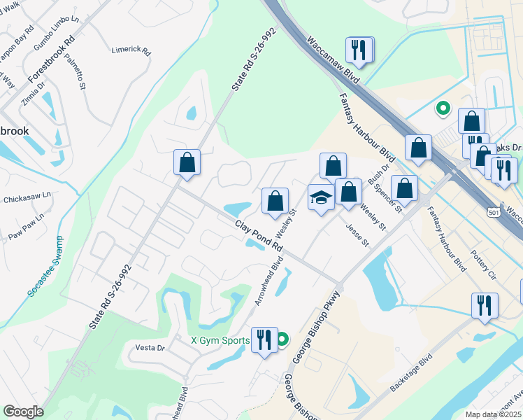 map of restaurants, bars, coffee shops, grocery stores, and more near 3689 Clay Pond Village Lane in Myrtle Beach