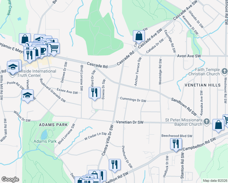map of restaurants, bars, coffee shops, grocery stores, and more near 1375 Centra Villa Drive Southwest in Atlanta