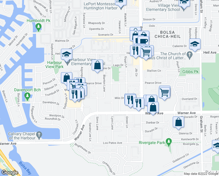 map of restaurants, bars, coffee shops, grocery stores, and more near 16771 Lynn Lane in Huntington Beach