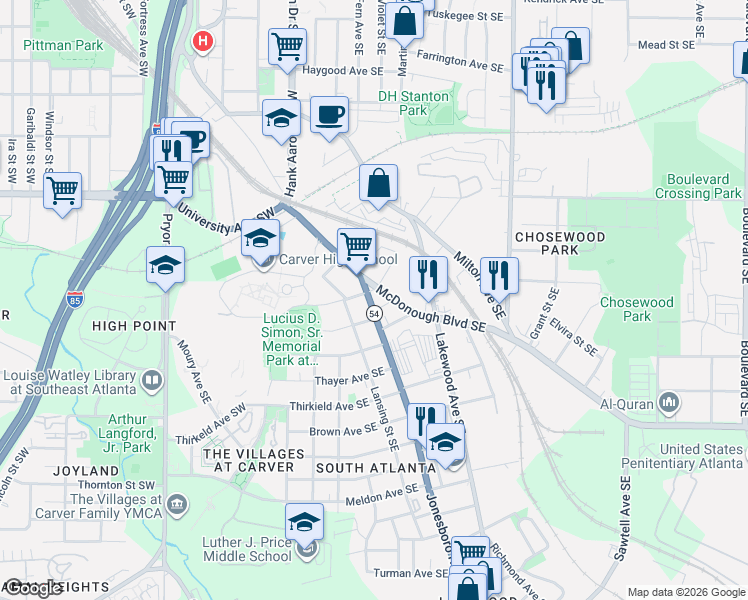 map of restaurants, bars, coffee shops, grocery stores, and more near 1330 Jonesboro Road Southeast in Atlanta