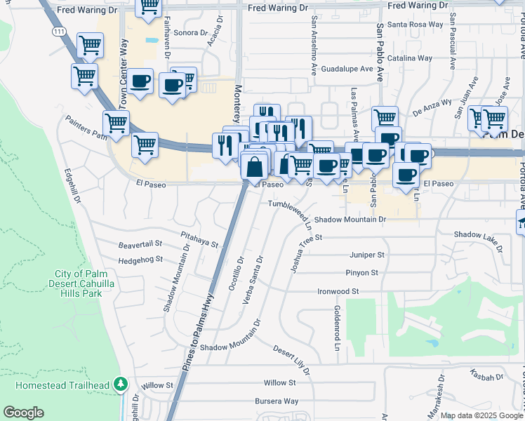 map of restaurants, bars, coffee shops, grocery stores, and more near 45450 Ocotillo Drive in Palm Desert