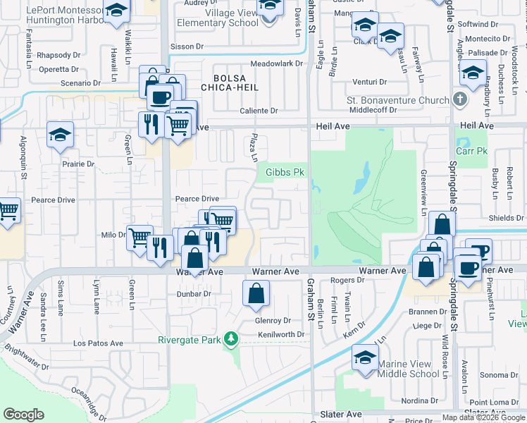 map of restaurants, bars, coffee shops, grocery stores, and more near 16812 Barclay Lane in Huntington Beach