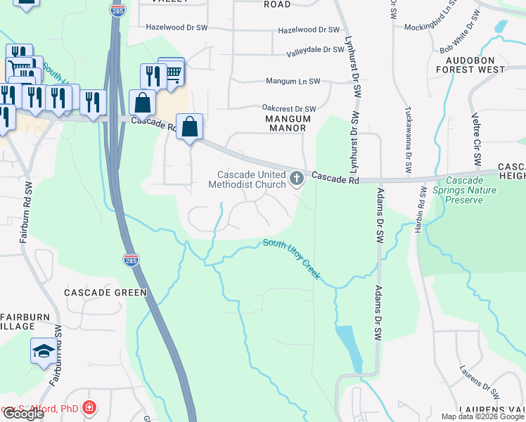 map of restaurants, bars, coffee shops, grocery stores, and more near 1342 High Falls Court Southwest in Atlanta