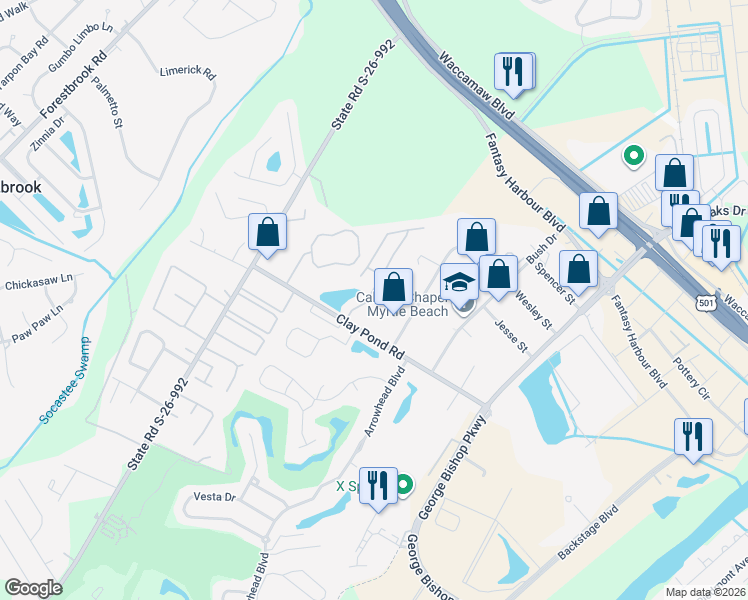 map of restaurants, bars, coffee shops, grocery stores, and more near 3685 Clay Pond Village Lane in Myrtle Beach