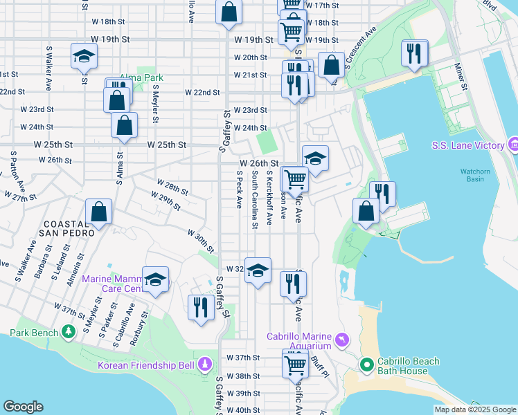 map of restaurants, bars, coffee shops, grocery stores, and more near 2820 South Carolina Street in Los Angeles
