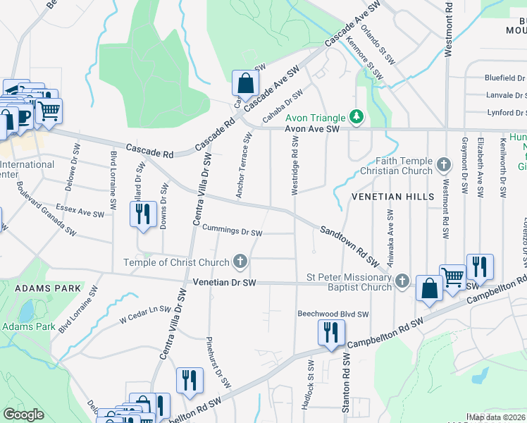 map of restaurants, bars, coffee shops, grocery stores, and more near 1301 Cahaba Drive Southwest in Atlanta