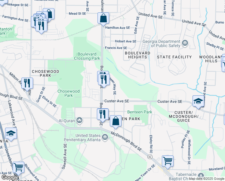 map of restaurants, bars, coffee shops, grocery stores, and more near 1359 Benteen Way Southeast in Atlanta