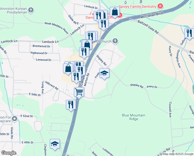map of restaurants, bars, coffee shops, grocery stores, and more near 210 Foxley Road in Anniston