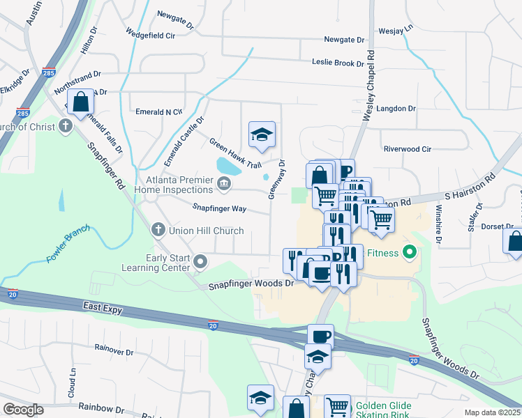 map of restaurants, bars, coffee shops, grocery stores, and more near 4128 Snapfinger Way in Decatur
