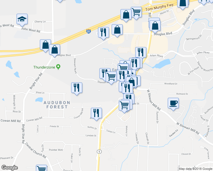 map of restaurants, bars, coffee shops, grocery stores, and more near 5955 Stewart Parkway in Douglasville